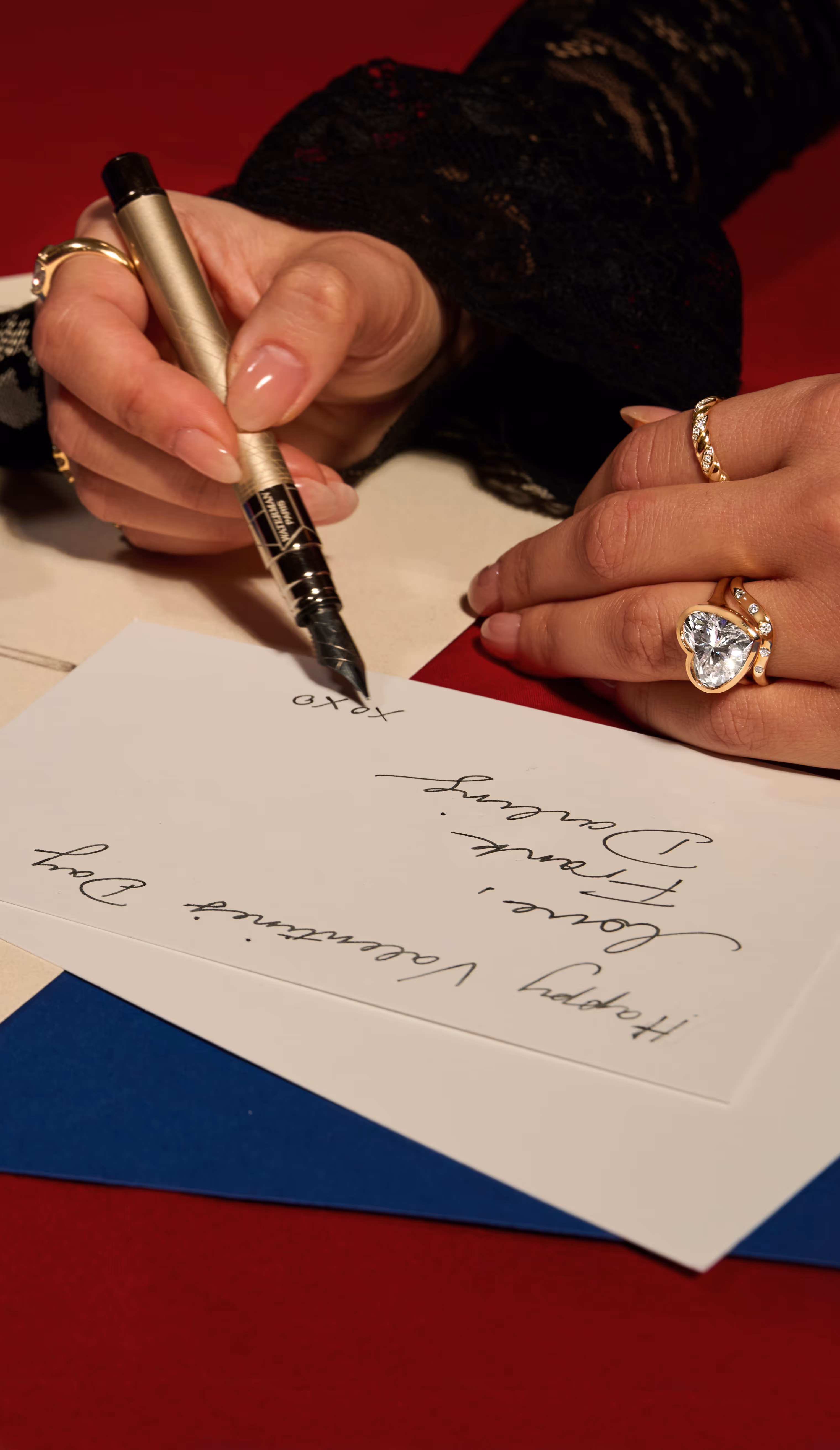 A close-up of an engagement ring with text overlay reading 'Find the Perfect Ring, Make it yours' against a dark background